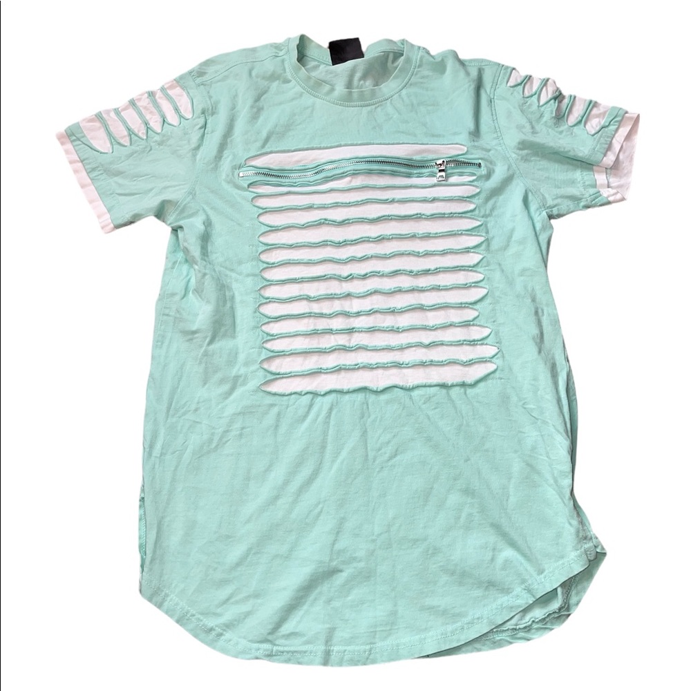 🌸 - SWITCH Remarkable Mens Light greenWhite Zipper T-Shirt Short Sleeve Size…